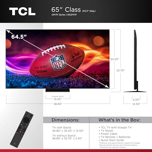 TCL 65-Inch QM7K QLED 4K Smart QD-Mini LED TV with Google TV Dolby Vision IQ and Atmos
